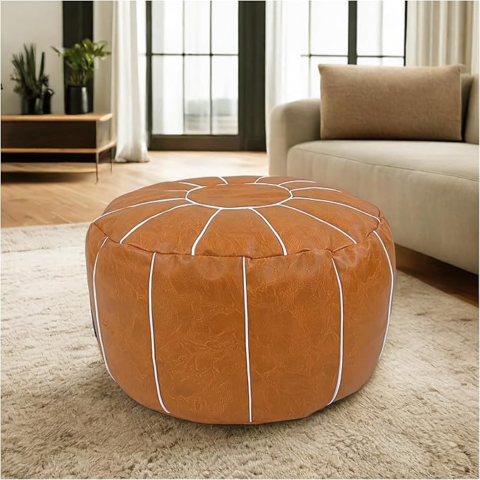 Louis Donné Pouf Ottoman Cover, Handmade Faux PU Leather Moroccan Style, Unstuffed Pouffe Ottomans, 20.8" Round, Foot Rest for Living Room, Floor Small Bean Bag Chair Gifts for Kids (Orange)