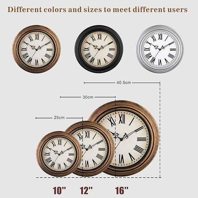 Plumeet Retro Wall Clock, 12'' Non Ticking Classic Silent Vintage Wall Clocks Decorative Kitchen Living Room Bedroom, Roman Numerals, Battery Operated