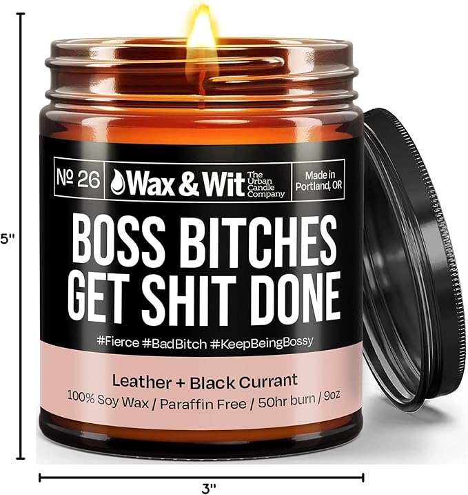 Wax & Wit Funny Soy Candle Gift for Women - Humorous, Aromatherapy Soy Wax Candle, Ideal for Housewarming, Coworker, Birthday – Leather and Black Currant - 9oz