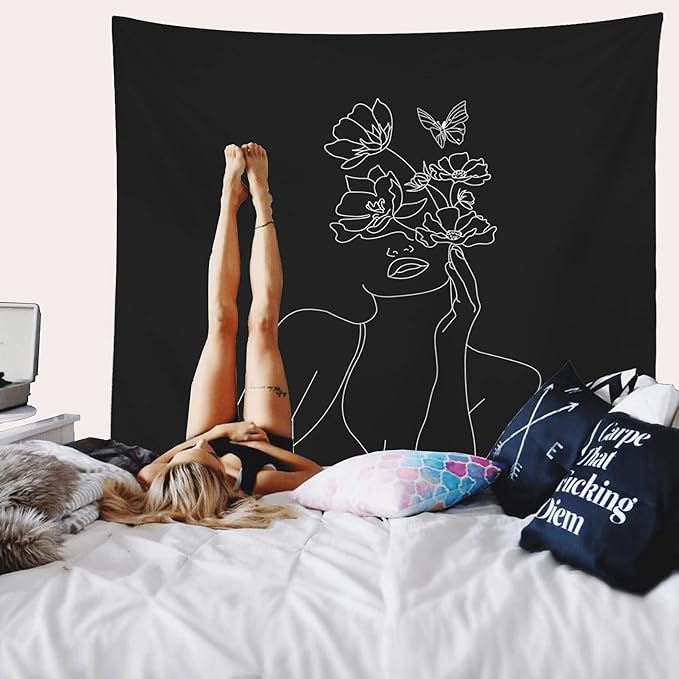 Miytal Art Line Aesthetic Black Tapestry, Simple Women with Flower Butterfly Wall Hanging, Modern Minimalist Abstract Creative Sketch Wall Décor for Dorm Bedroom Office – 51.2" x 59.1” - Black