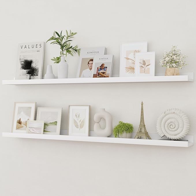 Picture Ledge Shelf, Solid Pine Wood Rustic Floating Shelves for Wall, 48 Inch Long Floating Shelves with Lip for Bedroom Kitchen Living Room Nursery Display-Set of 2 (White)