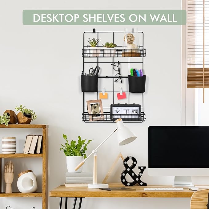 Floating Shelves Wall Organizer - 2-Tier Modular Grid Baskets Shelf Multi-Purpose Wall Mount Cups Holders No Drill Adhesive Hanging Accessories for Dorm Room Bedside Office RV Vanity Storage (Black)