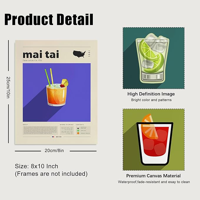 Cocktail Mixology Poster, Vintage Colorful Liquor Drink Alcohol Bar Wall Art for Home Bar Decor, Cocktail Wall Art Print Aesthetic for Girls Party Apartment Dorm Kitchen Bar Decoration, Funky Trendy