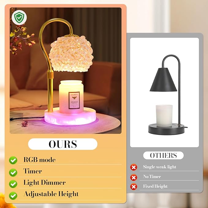 Candle Warmer Lamp with Timer - Dimmer Electric Candle Lamp Warmer with RGB Mode, 312 K9 Crystals Lampshade,Adjustable Height Wax Warmer Lamp with 2 Bulbs for Jar Candles,Gifts for Mom Womens