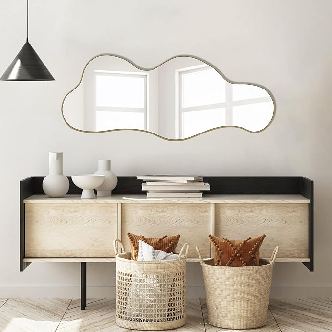 POZINO Irregular Wall Mirror, Asymmetrical Mirrors, 39.3"x16" Cloud Shaped Mirror, Gold Modern Mirrors for Bathroom Living Room Bedroom Entryway