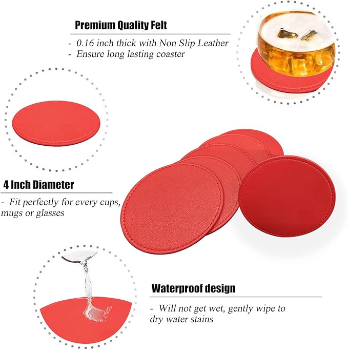 Coasters Set of 6 Soft Leather Drink Coaster Round Coaster with Sewing Around, Suitable for Various Cups, Wooden Tables,Home Decoration,4 Inches(Bright Red)