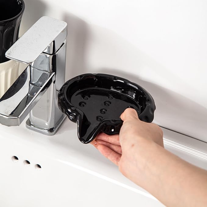 Ceramic Soap Dishes with Drain Spout, Modern Bathroom Countertop Soap Holder, Porcelain Soap Tray for Sink, Black.