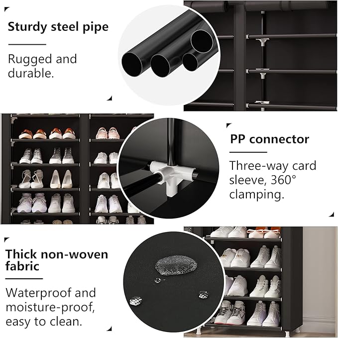 MOYIPIN Shoe Rack Storage Organizer, Double Row Portable Nonwoven Fabric Cover Shoe Rack Holds up to 28 Pairs 36.2 x 11.2 x49.2 Inches Black