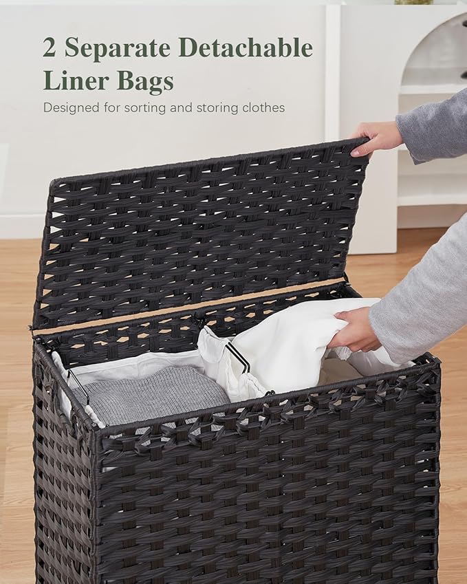 Laundry Hamper with Lid, 112 L Handwoven Rattan Wicker Laundry Basket, 2 Removable Liner Bags Metal Heightened Feet, 6 Mesh Bags, 2 Section Large Clothes Hamper for Bathroom Bedroom, Black
