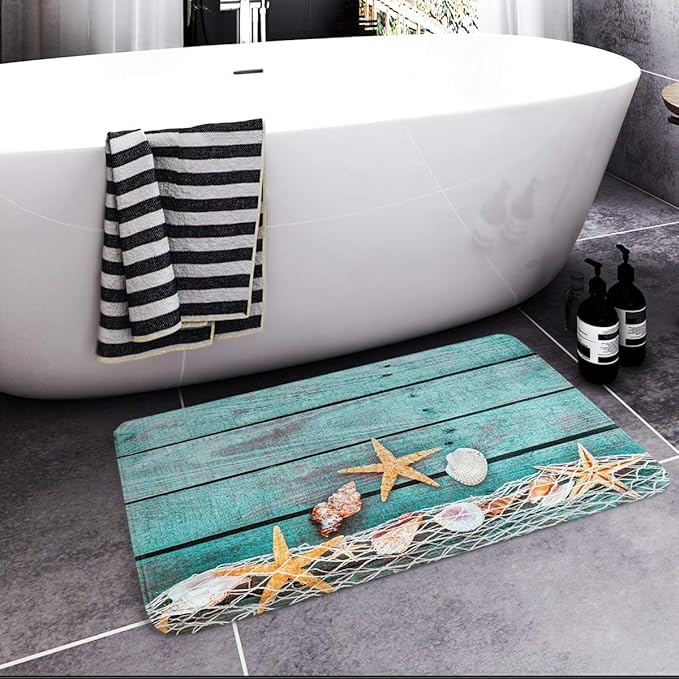 Britimes Bath Mat for Bathroom, Beach Seashells Starfish Sand Washable Cover Floor Rug Carpets Floor Mat Bathroom Decorations 20x32 Inches for Kitchen Bedroom Indoor