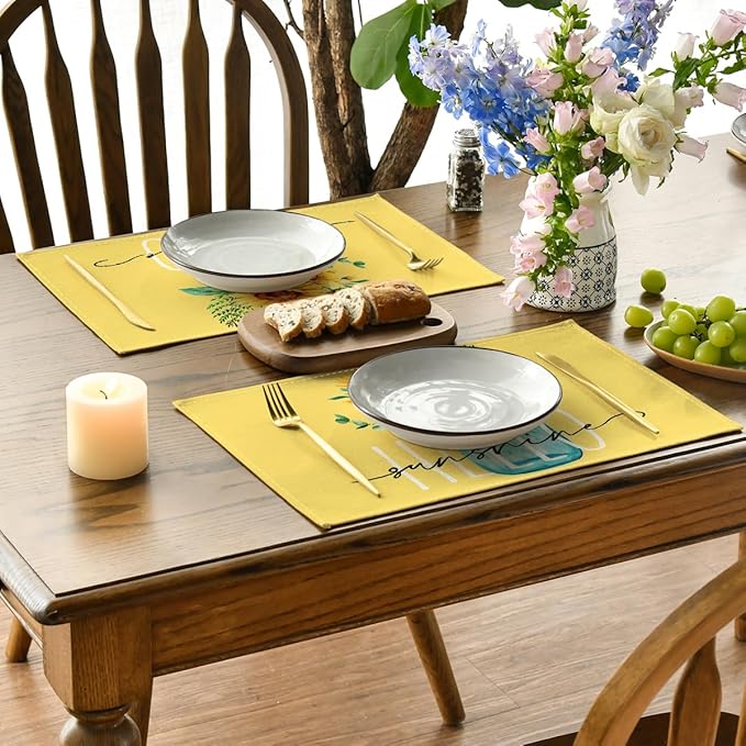 Artoid Mode Yellow Hello Sunshine Sunflower Summer Placemats Set of 6, 12x18 Inch Seasonal Spring Table Mats for Party Kitchen Dining Decoration