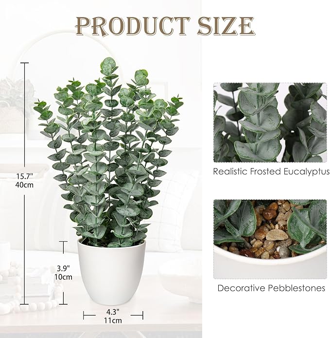 Briful 15.7'' Artificial Eucalyptus Plants in White Planter Pot Realistic Fake Plants Potted Faux Plant Indoor for Home Décor Farmhouse Centerpieces Patio Table
