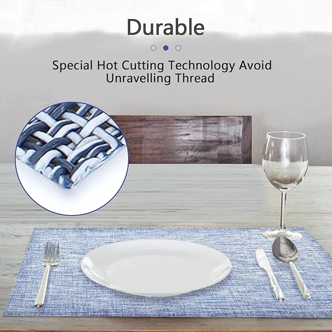 DACHUI Placemats Set of 6, Linen Look Woven Place Mats, Water Resistant, Heat Resistant, Washable, Durable Table Mats (Blue)