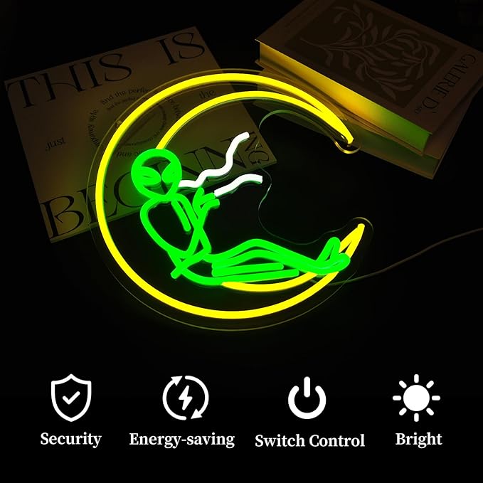 Alien Moon Neon Sign for Wall Decor Led Neon Signs Light Up Sign Room Decor Neon Lights Sign USB Powered