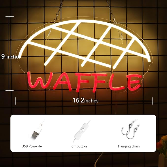 JFLLamp Waffle Neon Signs for Wall Decor Neon Lights for Bedroom Led Business Signs Suitable for Cake Shop Bakery Supermarkets Stores Cookie House 5V Power Adapter, 16.2 * 9 Inch(Warm White + Red)