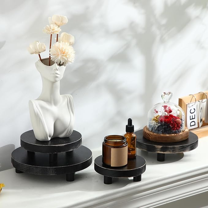 Geetery 4 Pcs Wooden Risers for Display Wood Pedestal Stand Mini Tray Stand Round Wooden Pedestal Holder Rustic Riser for Decor Tiered Tray Decor Home Kitchen, 4 Size(Black)