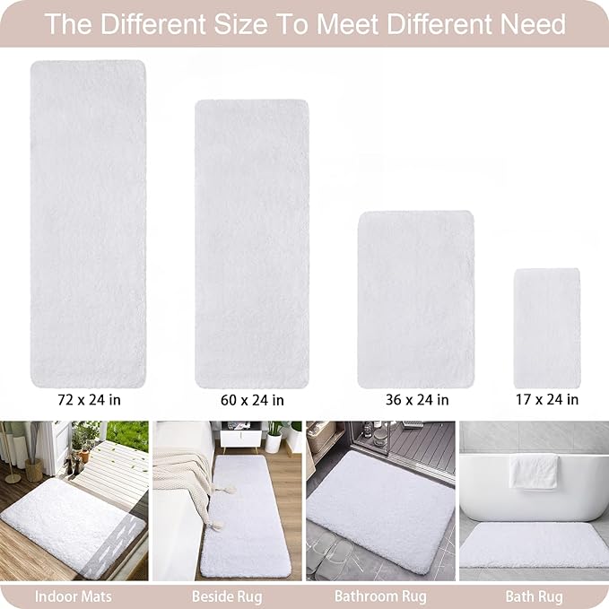 AROGAN Luxury Long Bathroom Runner Rug, 24x60 Inch Thick Soft and Absorbent Non Slip Bath Mat, Rubber Backing Quick Dry Rugs Carpets, Machine Washable Plush Mats for Shower Floor, White