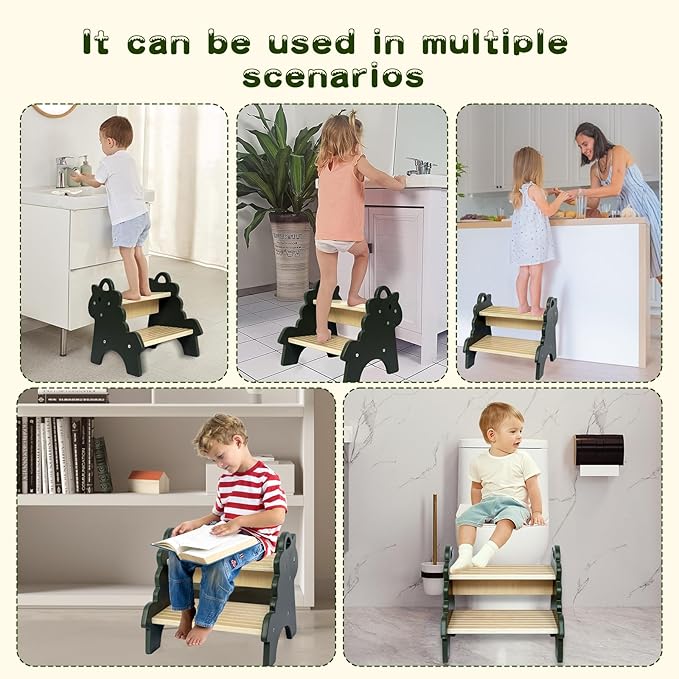 Wood Step Stool for Toddler,2 Step Stool with Non-Slip Stepping Surface and Handles,Step Stool for Bathroom, Bedroom, Kitchen Step Stools Kids