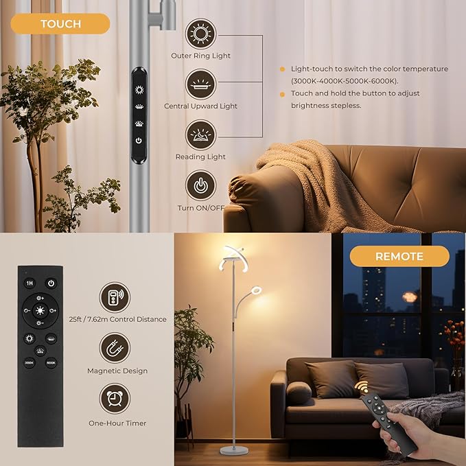 FIMEI 3 in 1 Floor Lamp, Modern Bright Standing Lamp with Split Rotatable Outer Ring Light and Small Reading Light, 4 Color and Dimmable, 3-Way Independent Control for Living Room Office, Gray