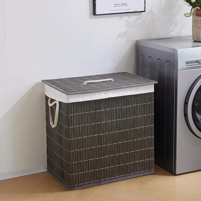 Laundry Hamper with Lid, 42.3 Gallon (160L), Handwoven Rattan Laundry Basket, 3-Section Clothes Hamper with Handles, 2 Removable Liner and Side Pocket, Grey