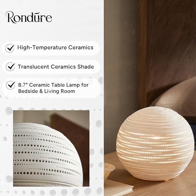 RONDURE 8.7" Modern Table Lamp, Modern Bedside Lamps for Bedroom, Living Room and Nightstand, White Translucent Ceramic Shade, Warm Ambient Lighting, Home Decor