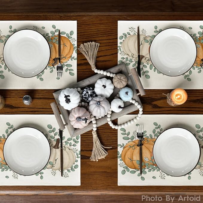 Artoid Mode Orange Pumpkin Eucalyptus Fall Placemats Set of 8, 12x18 Inch Seasonal Table Mats for Table Runner Party Kitchen Dining Decoration