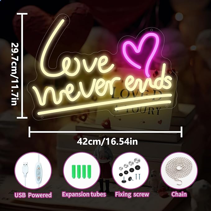 Love Never Ends Neon Sign for Wall Decor, Dimmable Love Led Lights Signs Letters Signs for Wedding, Neon Light Room Decor for Party Birthday Gift Christmas Gift