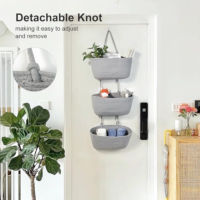 DULLEMELO Wall Hanging Basket for Home Decor 3-Tier Woven Cotton Wall-Mounted Hanging Storage Basket, Decorative Woven Storage Basket with Door Hooks, Gray