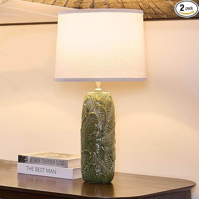 25" Ceramic Table Lamp Green Nightstand Pottery Lamp with White Shade Modern Bedside Desk Lamps with Leaf Pattern for Living Room Bedroom