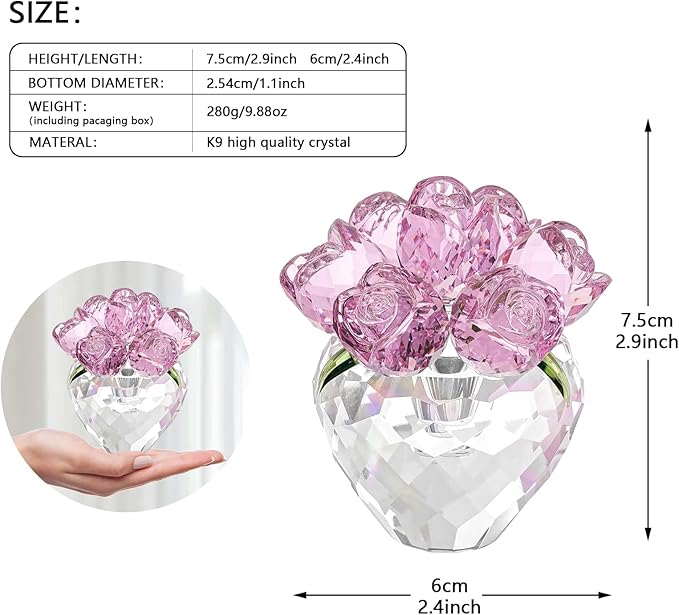 Crystal Flower Figurines- Glass Rose Home Decor - Flower Bouquet for Ladies Gifts(Pink)