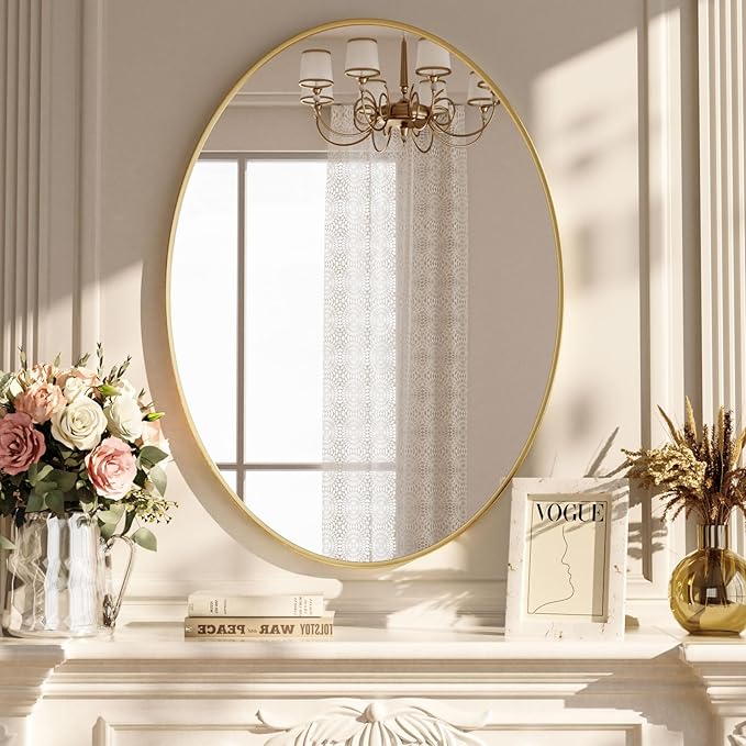 Gold Oval Bathroom Mirror, 26 x 38 inch Modern Oval Wall Mounted Vanity Mirror with Tempered Glass Hanging Horizontally or Vertically, Gold