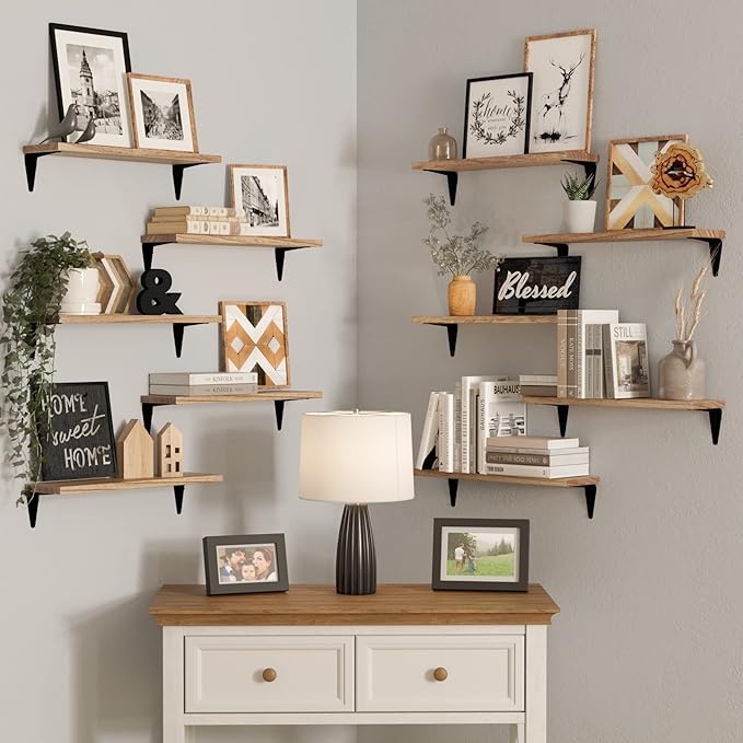 Wallniture Arras Wood Floating Shelves for Wall Storage, Small Bookshelf Set of 10, Hanging Book Shelves for Living Room, Bedroom, Office, Burned Finish