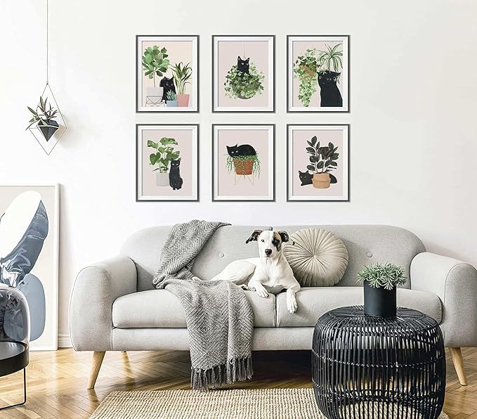 6pcs Cute Black Cat Botanical Wall Art, Green Leaves Plants Boho Wall Art Canvas Paintings, Minimalist Aesthetic Poster Prints Wall Decor Pictures for Living Room Bedroom Office, Unframed (8"x10")