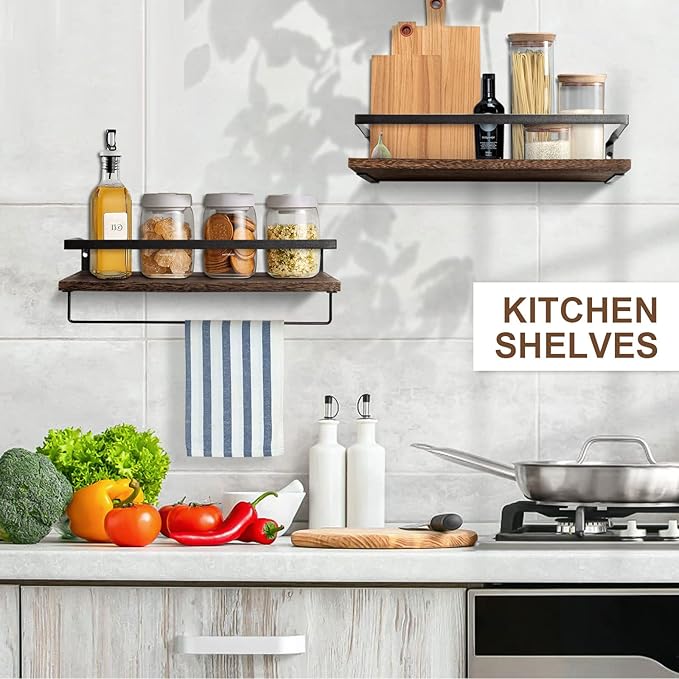 AGM Floating Shelves, Bathroom Floating Shelf Set of 2, Carbonized Black Wall Storage Shelf with Towel Bar, Wall Mounted Shelves for Plants, Book, Bathroom, Bedroom, Kitchen, Living Room Decoration