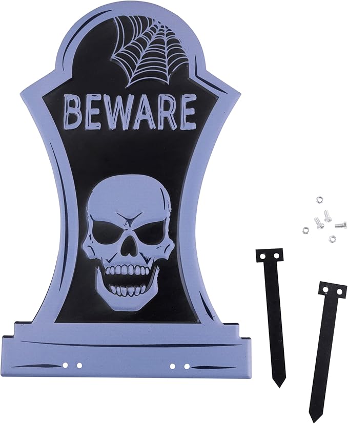 3-D Metal Halloween Ghost Cemetery XL 17" Tombstone w Stakes -BEWARE- Durable, Rustproof, UV Raised Printing- Upgrade Your Haunted House Mansion w Cemetary Lawn Decor- No More Flimsy Foam Graveyards