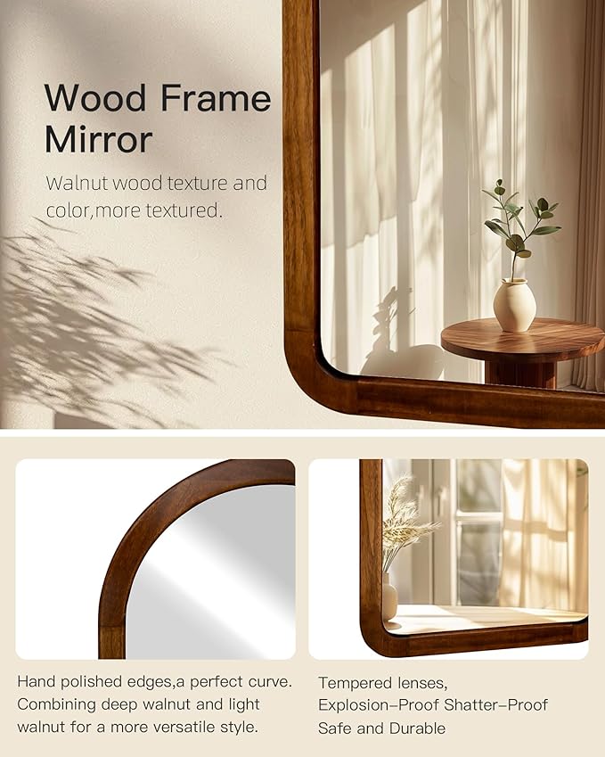 Arched Mirror 24 x 36 Inch,Brown Wood Rustic Bathroom Tempered Wall Mirror with Wood Frame,Round Corner Arch Farmhouse Wooden Vanity Mirror for Living Room,Entryway or Bedroom(Walnut Brown)