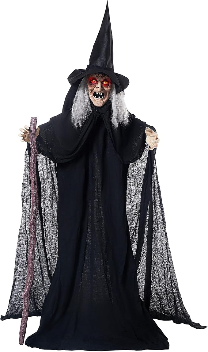 JOYIN 72" Outdoor Halloween Decorations Animatronics Witch with Cane, Life Size Animated Ghost Haunted House Prop Décor with Creepy Sound and Light-up Eyes, Party Supplies