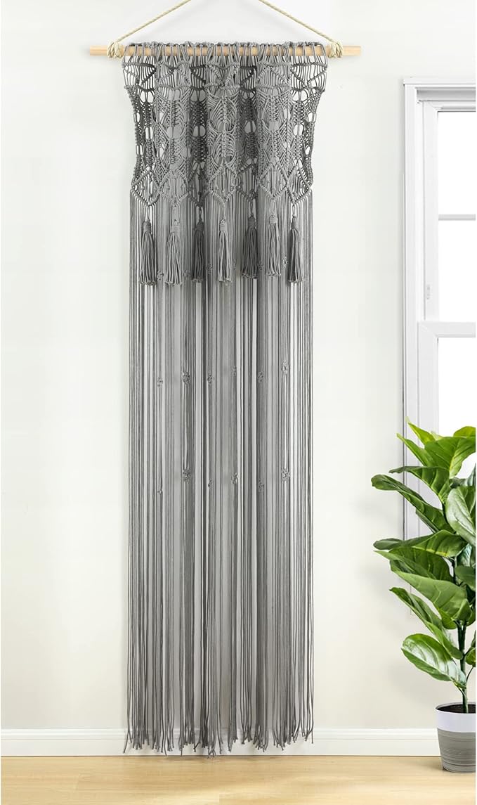 Lush Decor Boho Macrame Tassel Cotton Window Curtain/Room Divider/Wedding Backdrop/Wall Decor, 84" L x 50" W, Gray