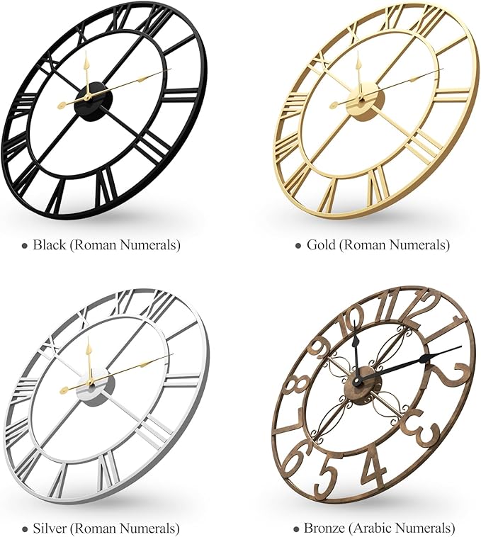 Large 36 Inch Wall Clock Silver, Modern Decorative Metal Wall Clocks for Living Room, Completely Silent Non Ticking Battery-Operated Roman Numeral Analog Round Clocks