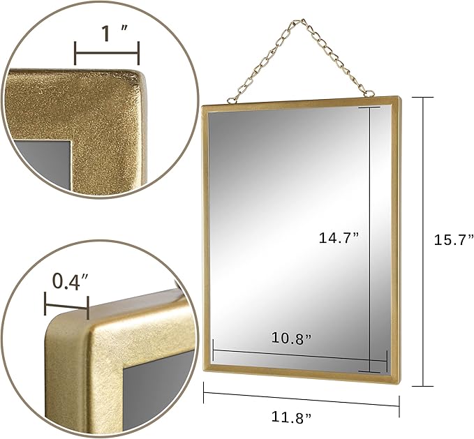 Gold Hanging Mirror with Chain, 12 x 16 Inch Rustic Wall Decor for Bathroom, Entry, Dining Room, and Living Room. Metal Rectangle Vanity Mirror, Decorative Mirror.