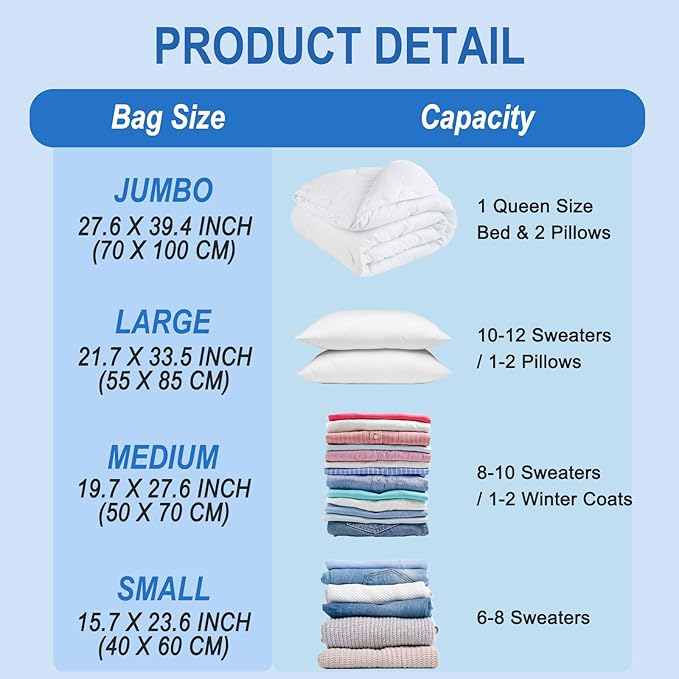 16 Pack Vacuum Storage Bags with Hand Pump, 4 Jumbo + 4 Large + 4 Medium + 4 Small Plastic Packaging Bags, 80% Space Saver Vacuum Seal Bags for Clothing, Travel Lugggage, Blankets, Comforters
