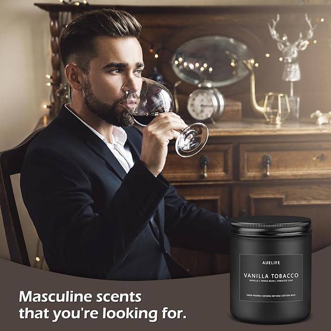 Vanilla Tobacco Candle for Men | Masculine Scented Soy Candles for Fathers Day - Home Fragrance for Dad & Boyfriend, Aromatherapy Gifts for Men - 7oz Black Jar, Long-Lasting Luxury Decor