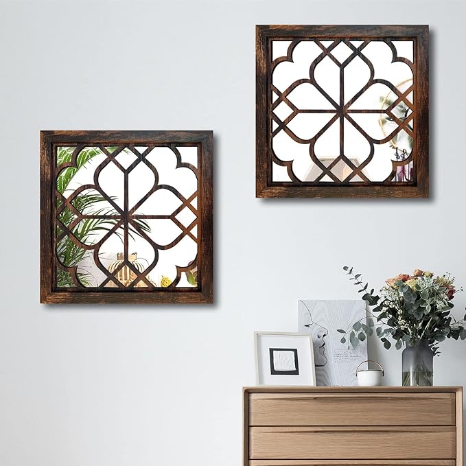 Wocred 20inch 2 PCS Square Wall Mirror,Gorgeous Rustic Farmhouse Accent Mirror, Caramel Color Entry Mirror for Bathroom Renovation,Bedrooms,Living Rooms and More.