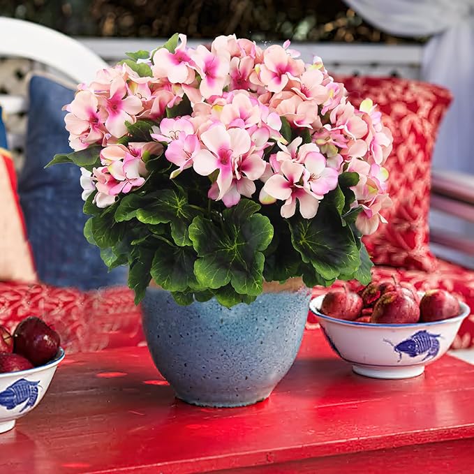 2 Pcs Artificial Geraniums for Outdoor Silk Geranium Flowers Purple Pink Artificial Geranium Bush Faux Flowers Geraniums Branch for Garden Patio Cemetary Vase Table Centerpiece Indoor Decor