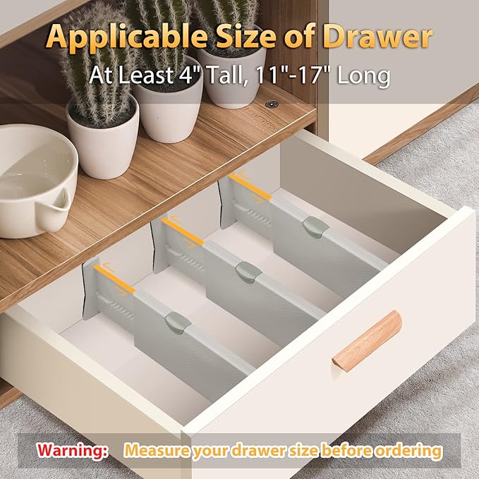 Drawer Dividers Organizer 5 Pack, Adjustable Separators 4" High Expandable from 11-17" for Bedroom, Bathroom, Closet,Clothing, Office, Kitchen Storage, Strong Secure Hold, Foam Ends, Locks in Place