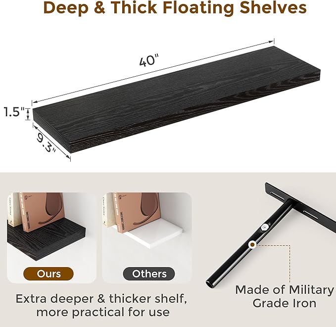 Fun Memories 40 Inch Black Floating Shelves, 9 Inch Deep Floating Shelves Wall Mounted, Rustic Wood Wall Shelves 40 x 9, Deep Wall Shelf for Bedroom, Living Room, Kitchen Storage & Display, Set of 2