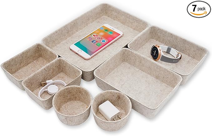 Welaxy Drawer organizers Felt storage bins office Desk Draw dividers wabi-sabi Nordic Natural Scandinavian-chic style beige hygge design catchall tray 7-Piece back to school (Oatmeal)