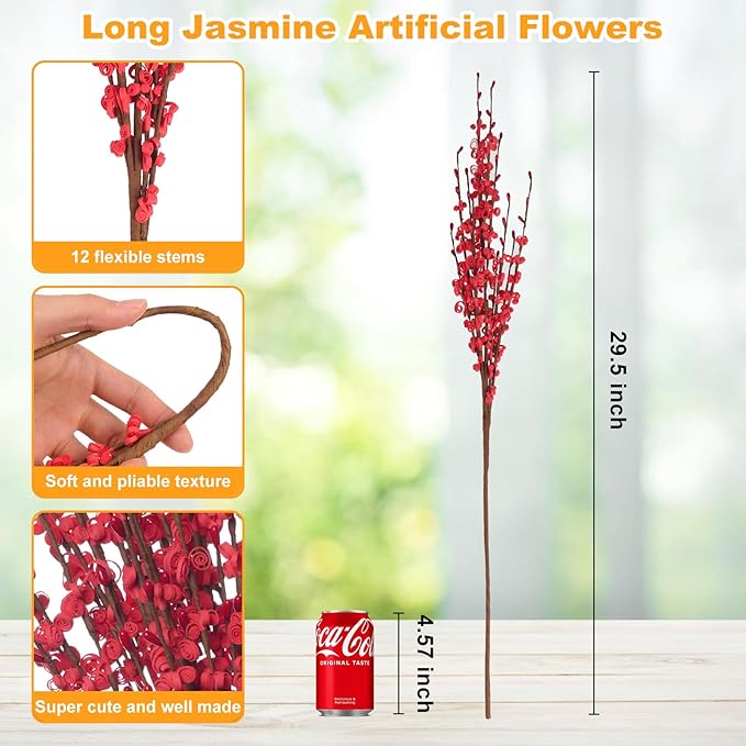 5 Pcs Jasmine Flowers Artificial Red Flowers 29.5" Long Stems Patriotic Picks with Mini Red Berry for DIY Floral Art Plant Wedding Home Office Table Decorations