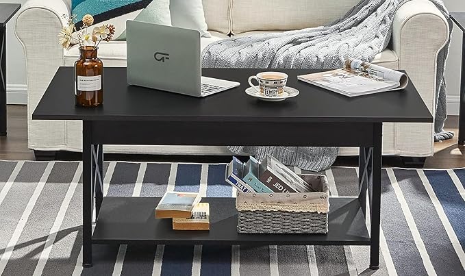 GreenForest Black Coffee Table with Storage Shelf 39 inch, 2 Tier Rectangular Center Table for Living Room,Modern Farmhouse Small Table for Home Office,Easy Assembly