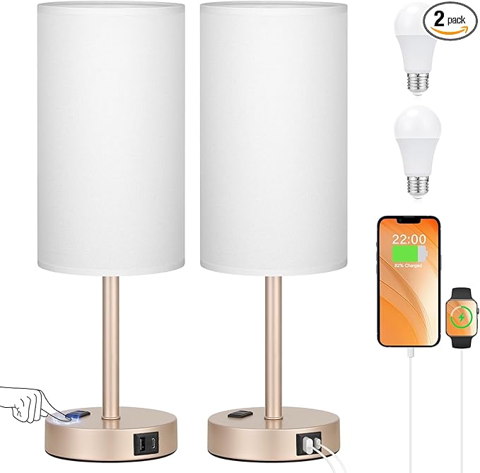 17inches Tall Touch Bedside Table Lamps Set - 3 Way Dimmable Bedroom Lamp Set of 2 with USB C and A Ports, Lamps for Nightstand with AC Outlet, Gold Base Round Flaxen Shade for Desk, Office, Dorm